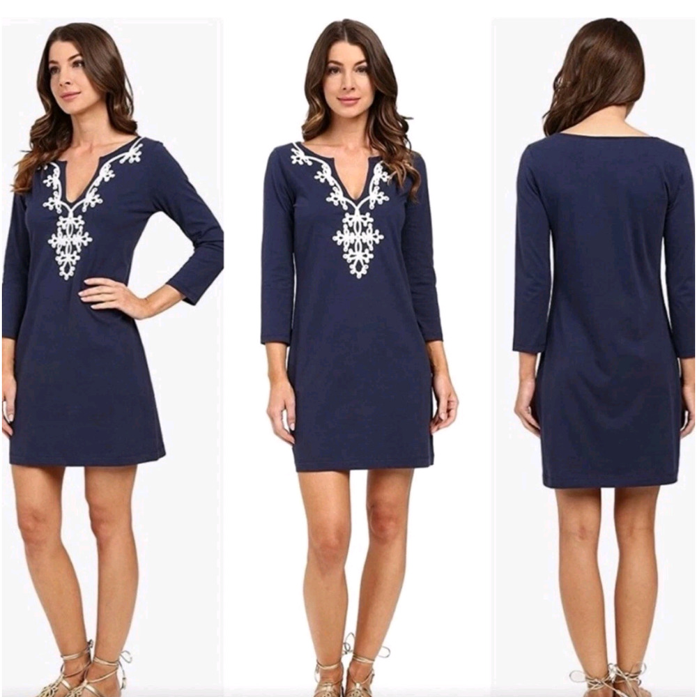 Lilly Pulitzer womens sz XS Marina Embroidered Navy Dress V-Neck 3/4 Sleeve EUC